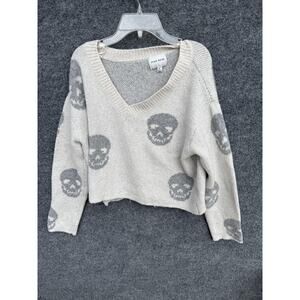 Pink Rose Sweater Womens Medium Beige Gray Skull Print V Neck Cropped Soft Knit